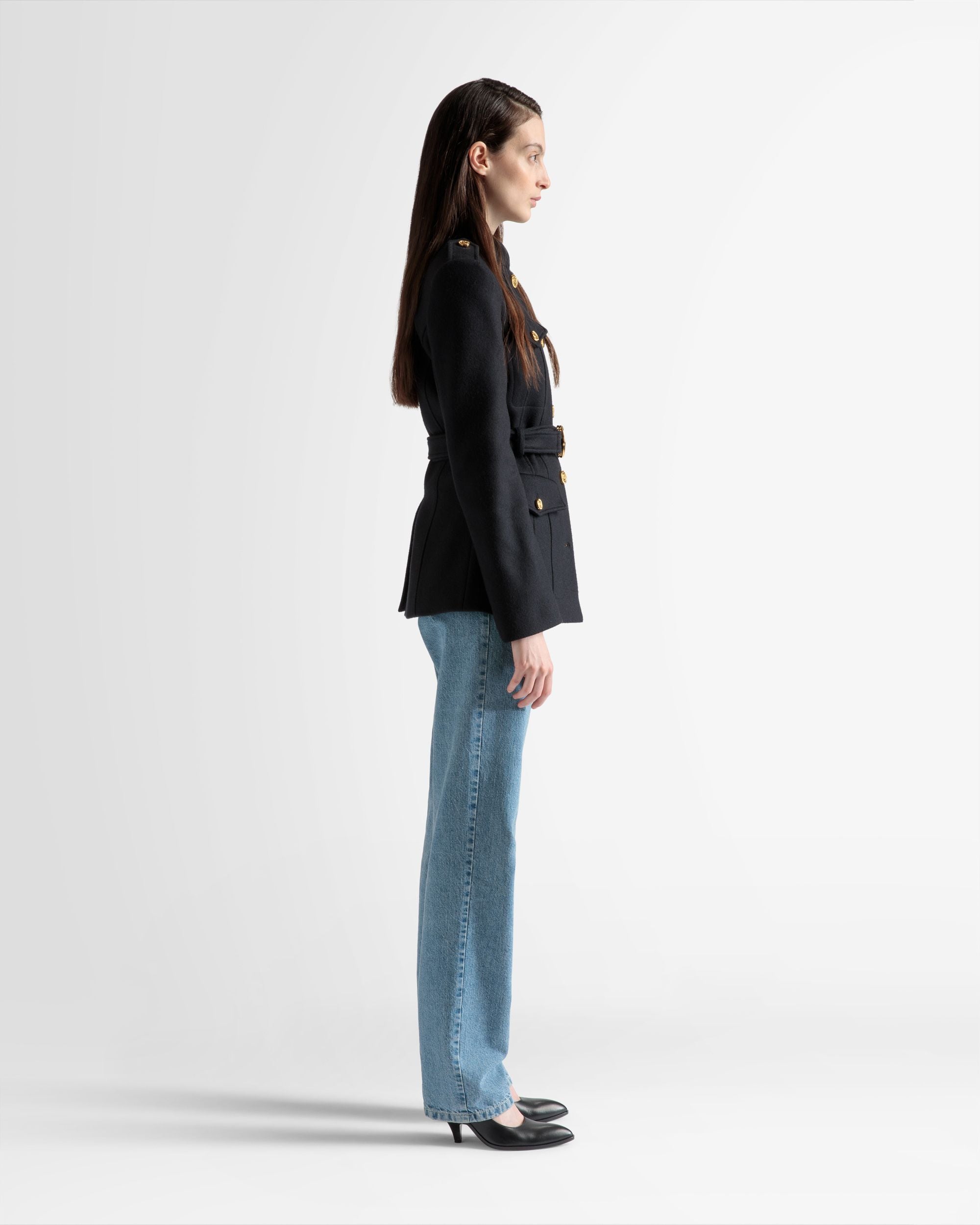 Belted Jacket In Navy Wool - Women's - Bally - 05