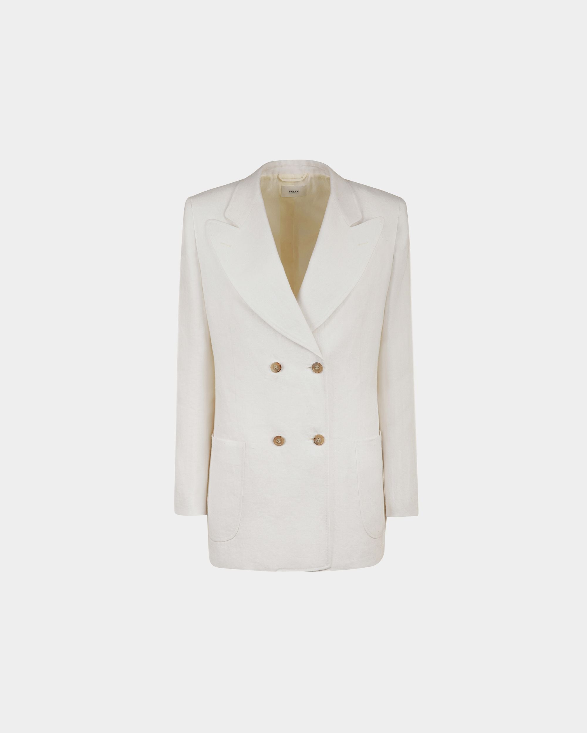 Double Breasted Blazer in White Linen - Women's - Bally - 01