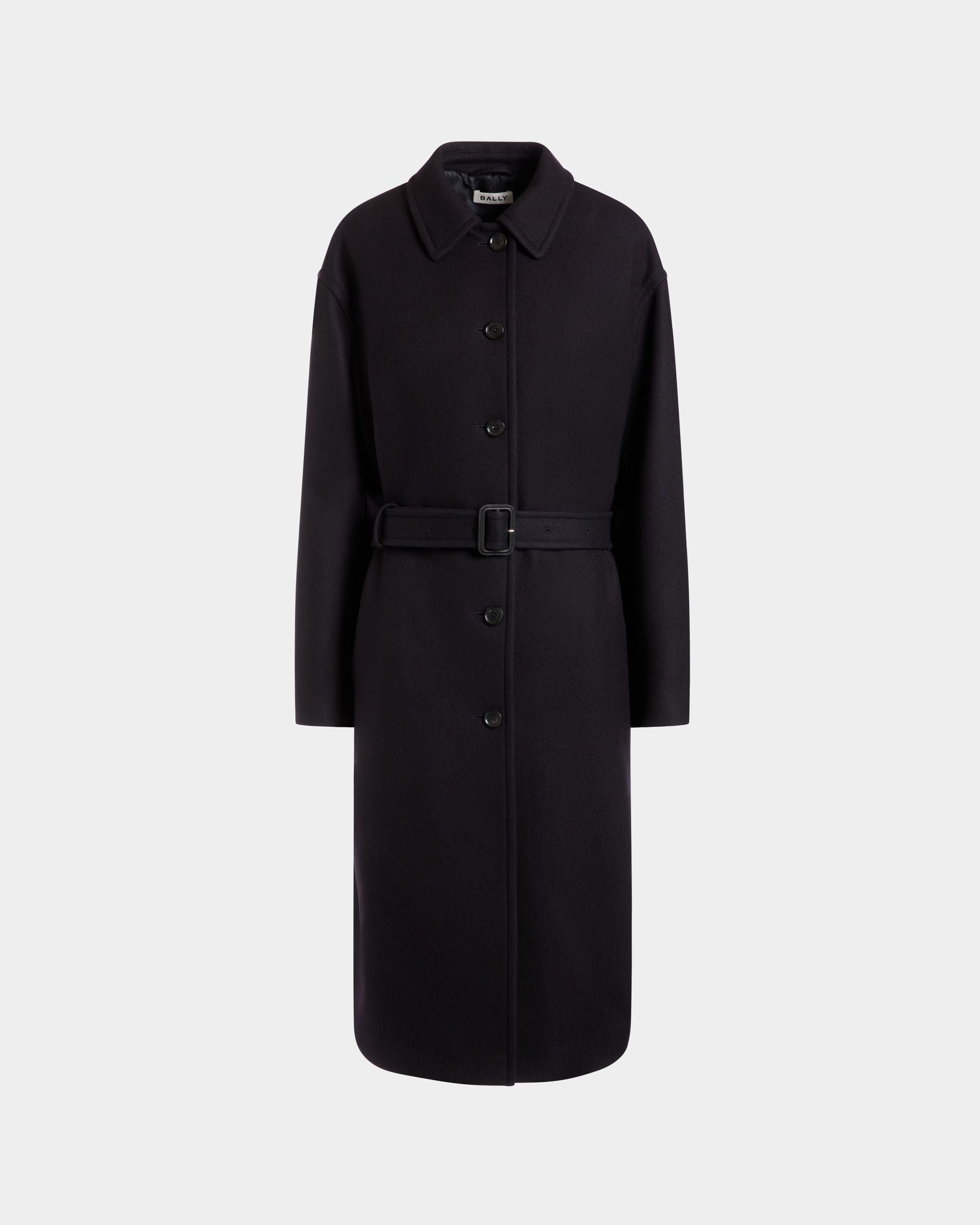 Belted Coat In Navy Blue Wool Blend - Women's - Bally - 01