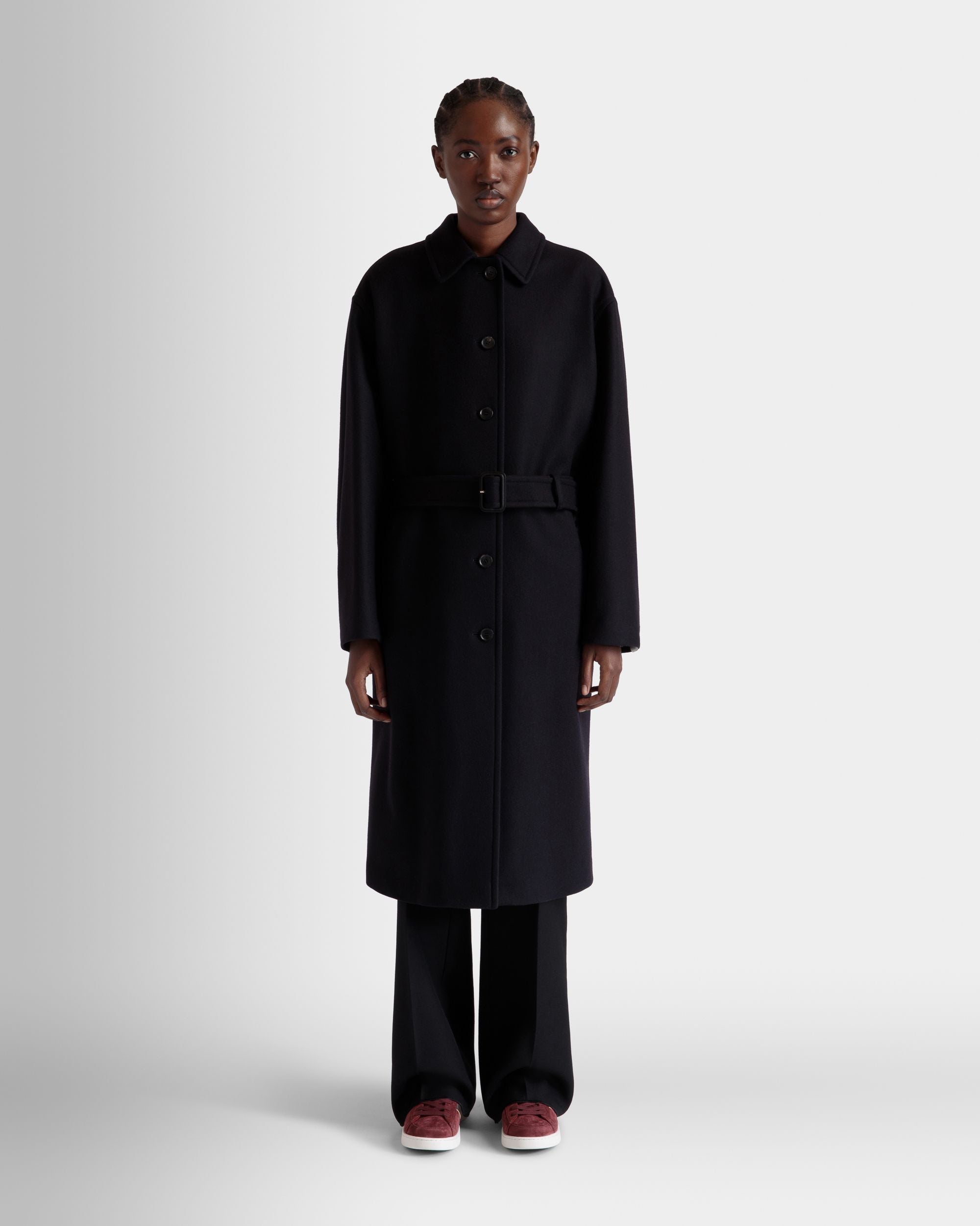 Belted Coat In Navy Blue Wool Blend - Women's - Bally - 02
