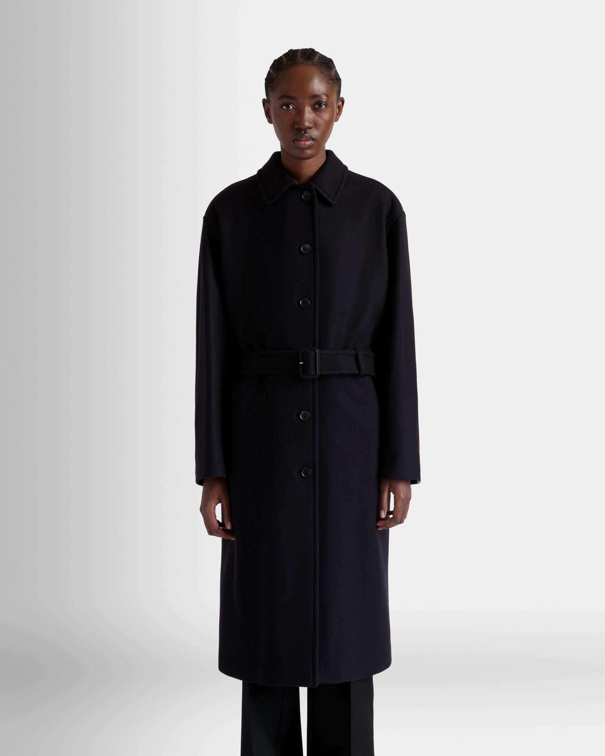 Belted Coat In Navy Blue Wool Blend - Women's - Bally - 03