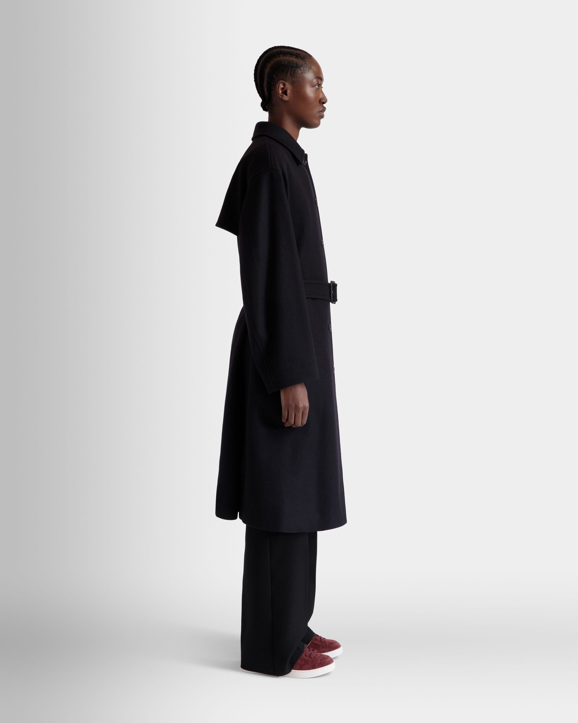 Belted Coat In Navy Blue Wool Blend - Women's - Bally - 06