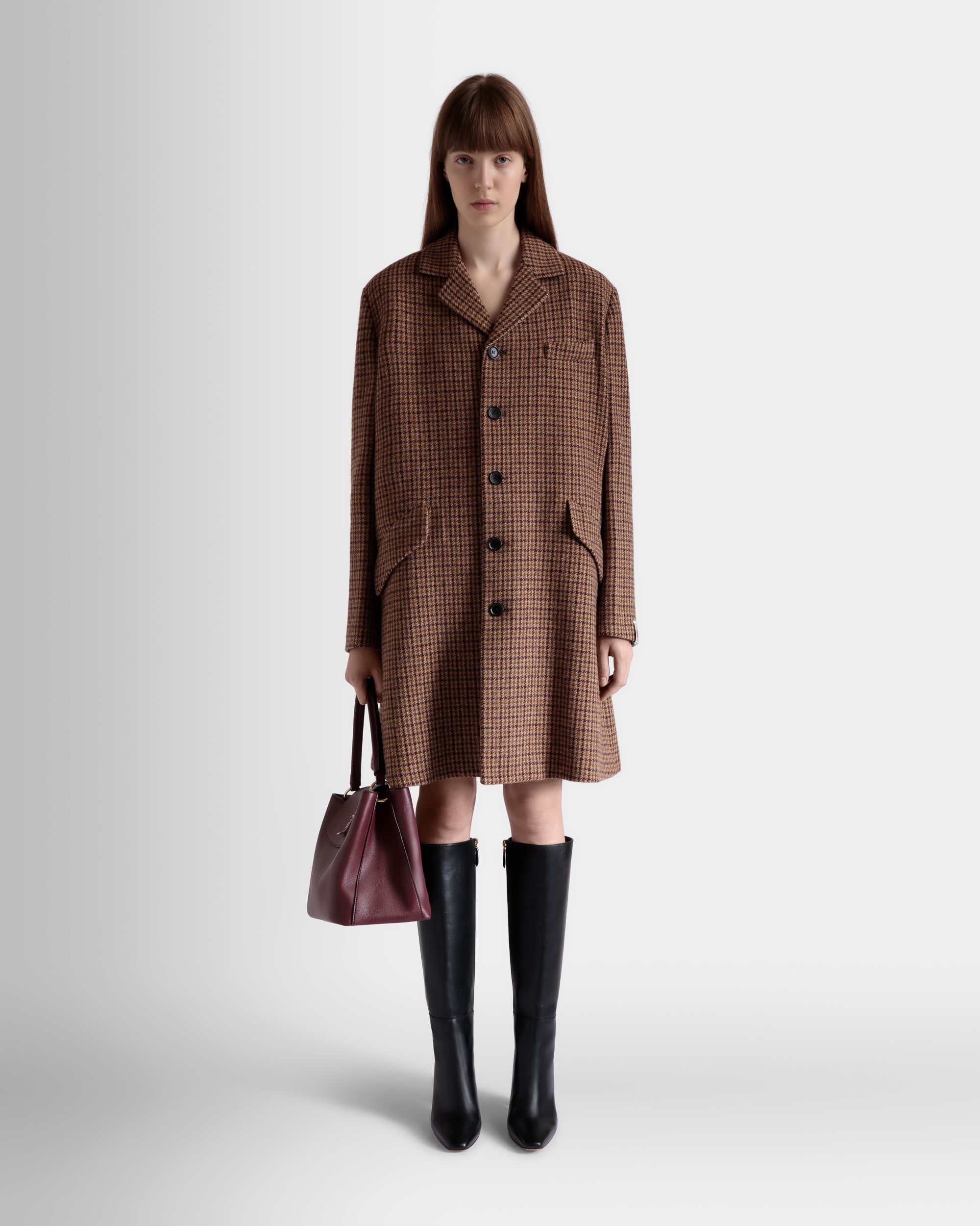 Midi Coat In Multibrown Check Wool - Women's - Bally - 02