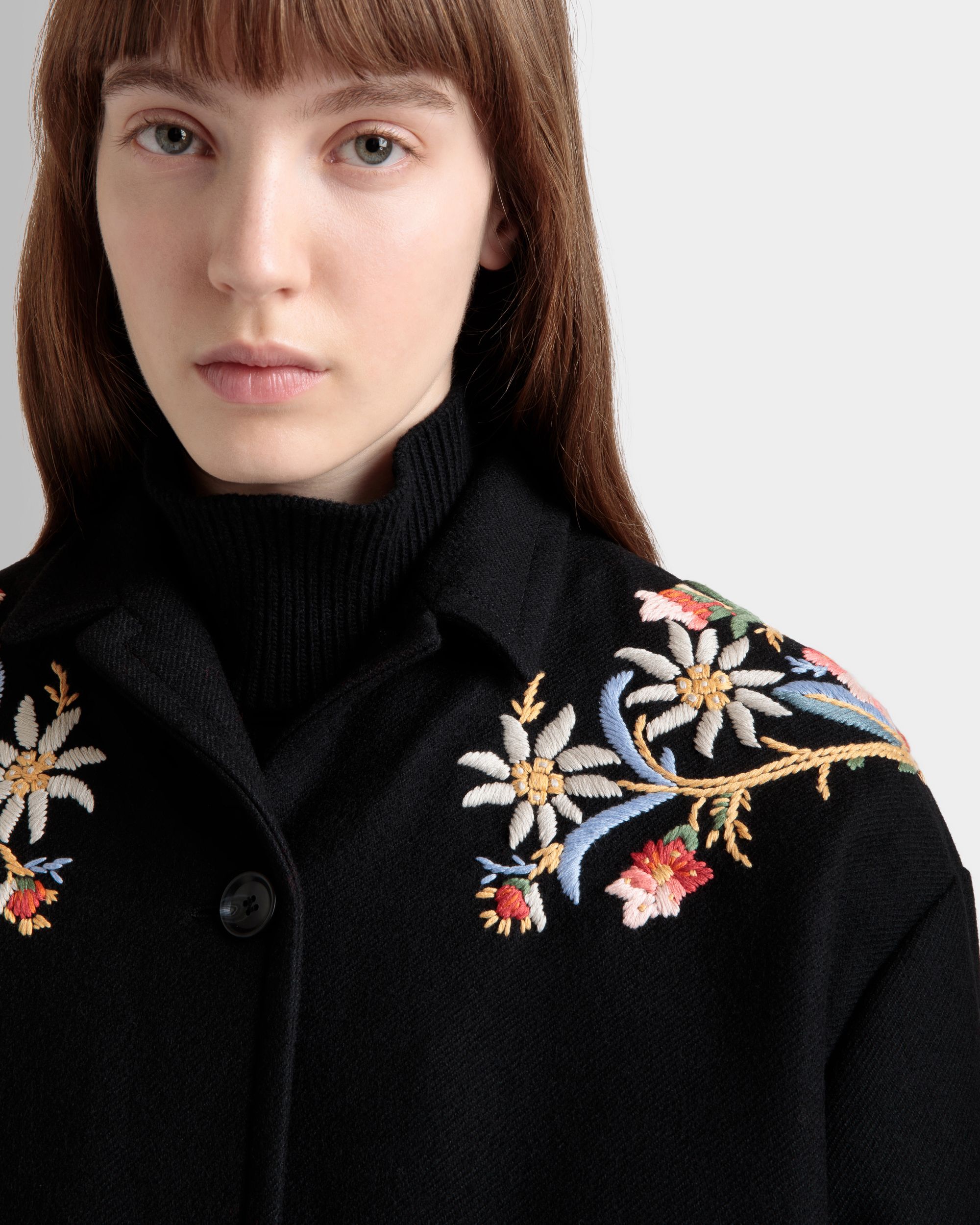 Winter Capsule Jacket With Alpine Flowers in a Black Wool Blend - Women's - Bally - 03