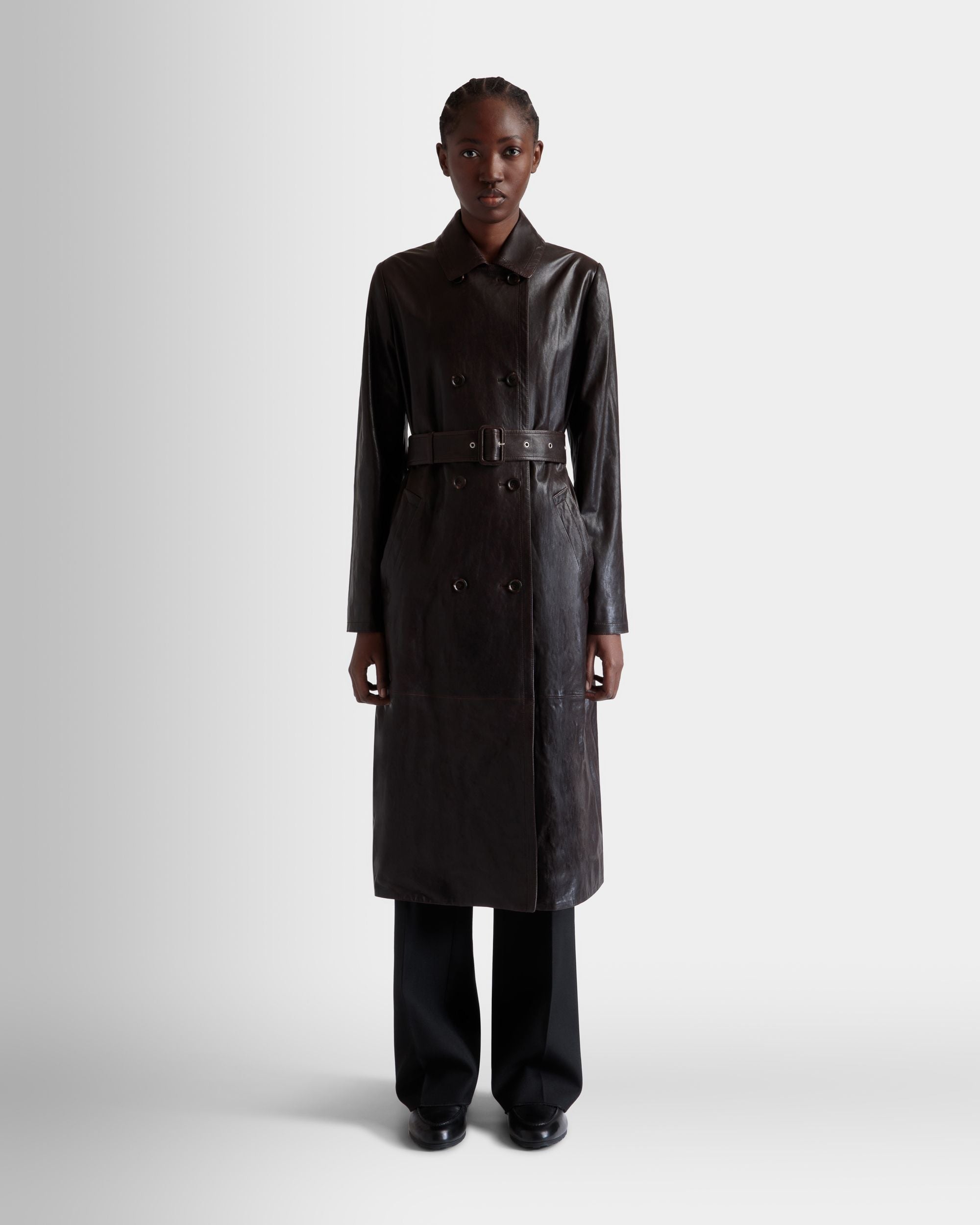Belted Coat in Ebano Leather - Women's - Bally - 02