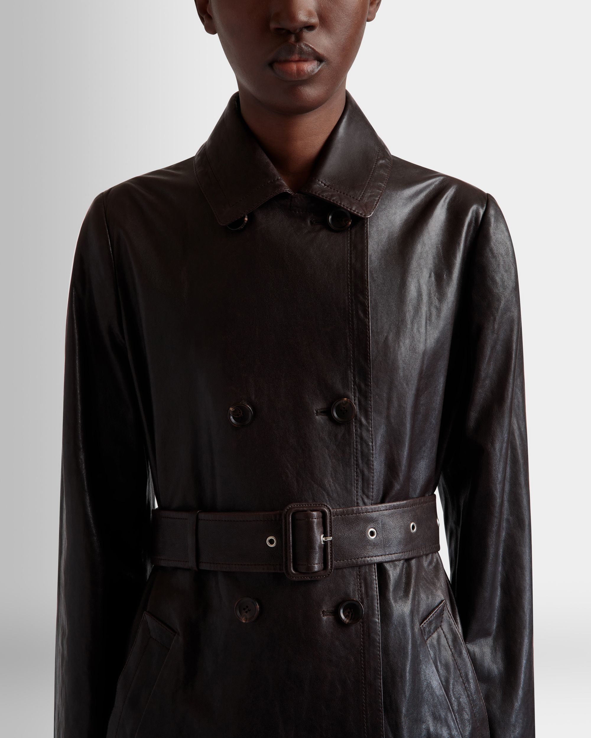 Belted Coat in Ebano Leather - Women's - Bally - 03