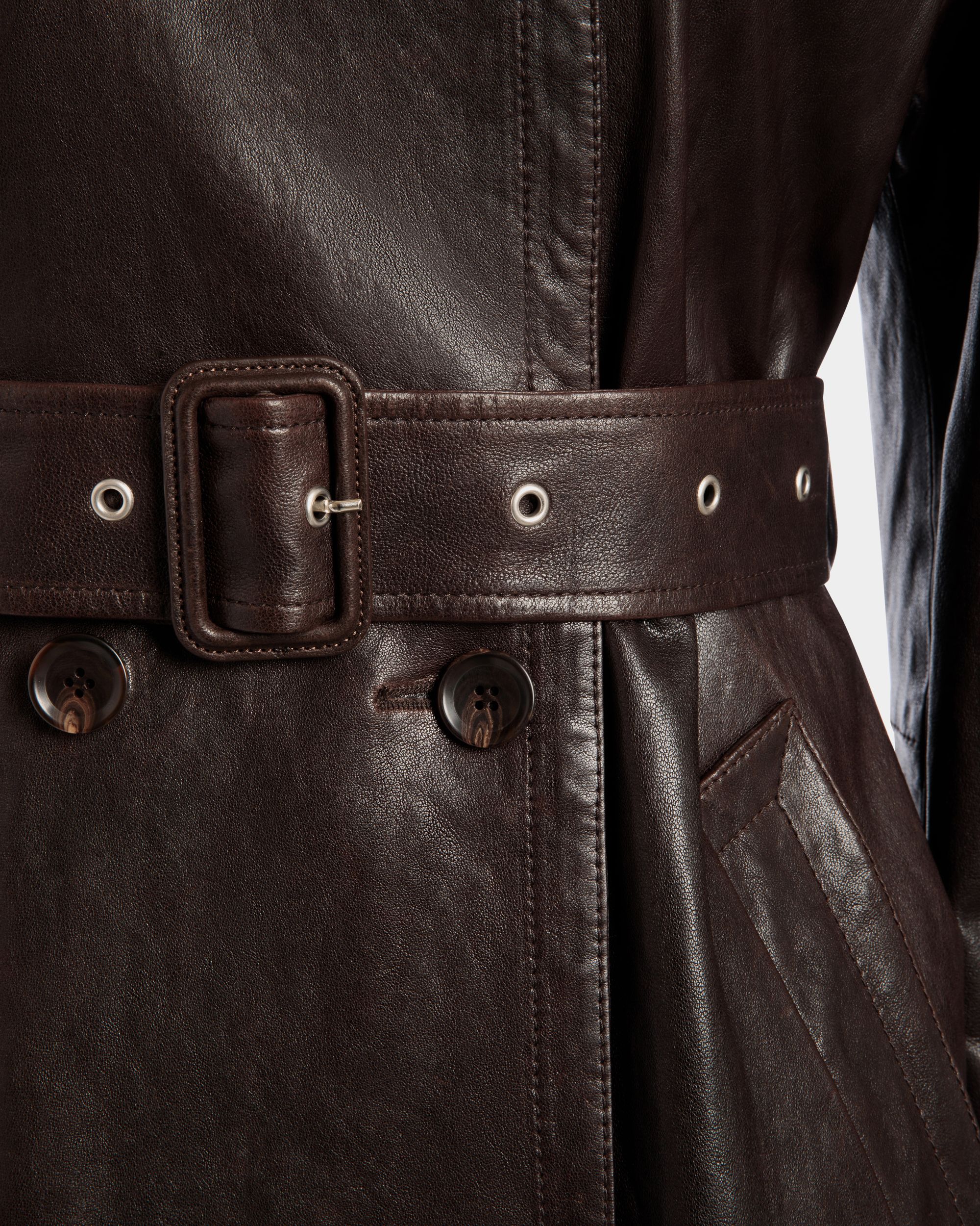 Belted Coat in Ebano Leather - Women's - Bally - 04