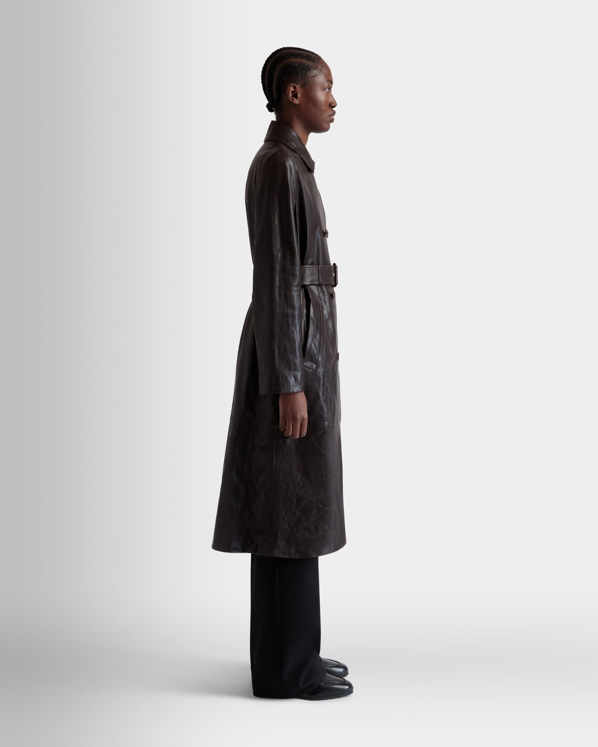 Belted Coat in Ebano Leather - Women's - Bally - 05