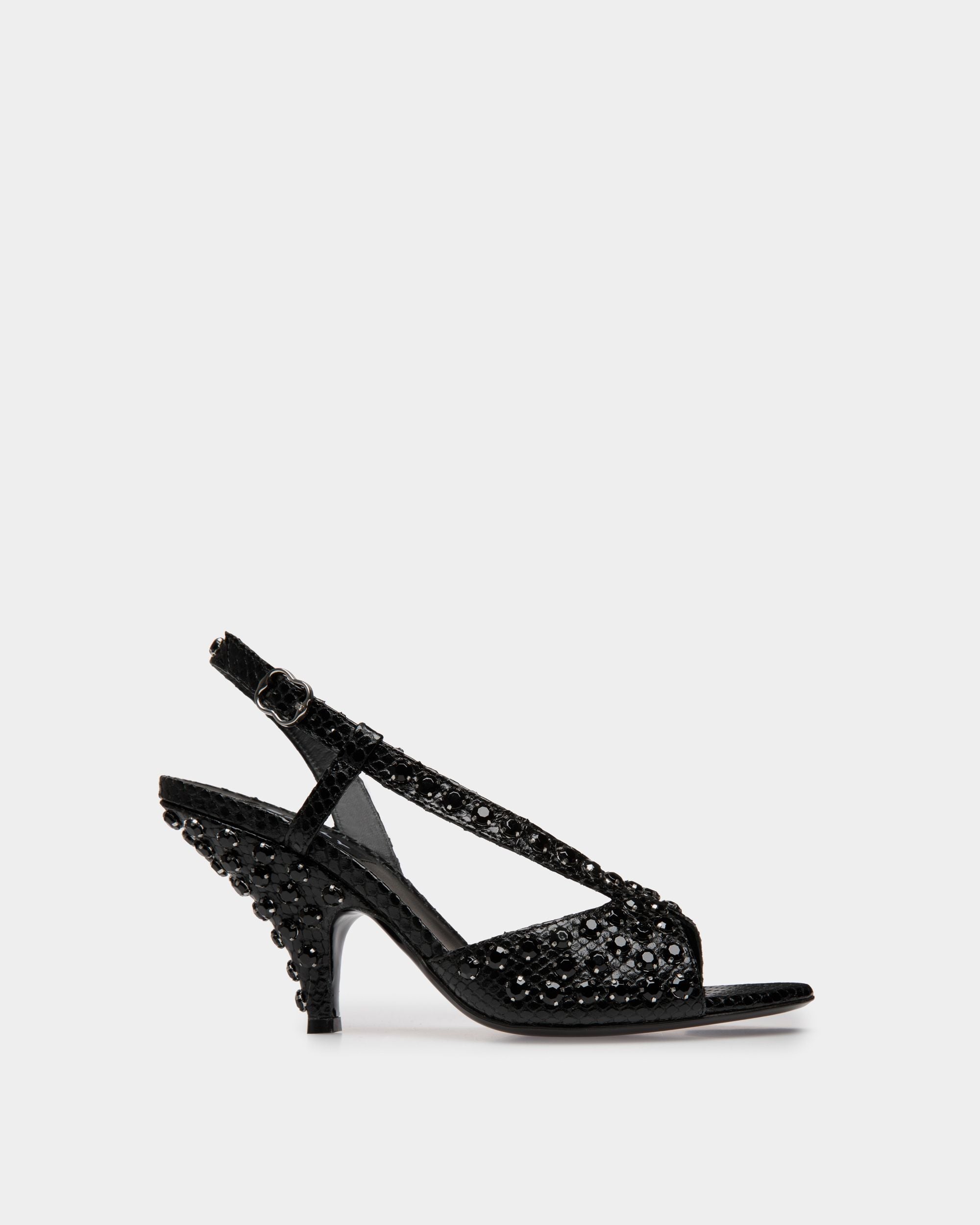 Katy Heeled Sandal in Black Python Printed Leather - Women's - Bally - 01