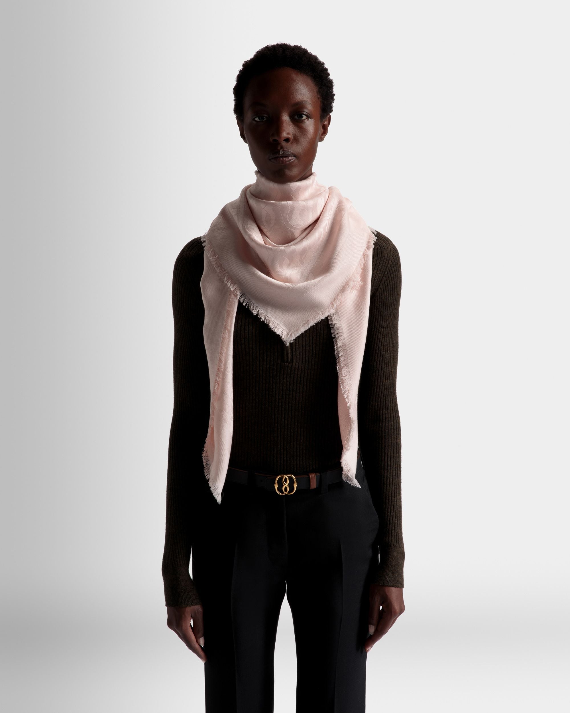 Emblem Print Square Scarf In Dusty Petal Silk - Women's - Bally - 02