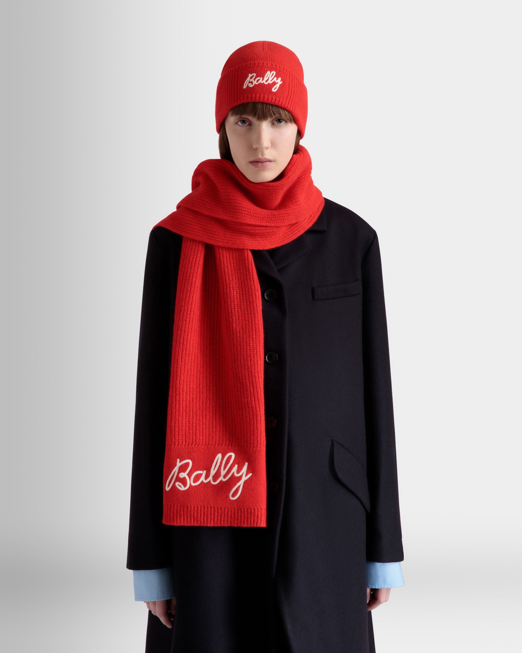Scarf with Logo In Candy Red Wool - Women's - Bally - 02