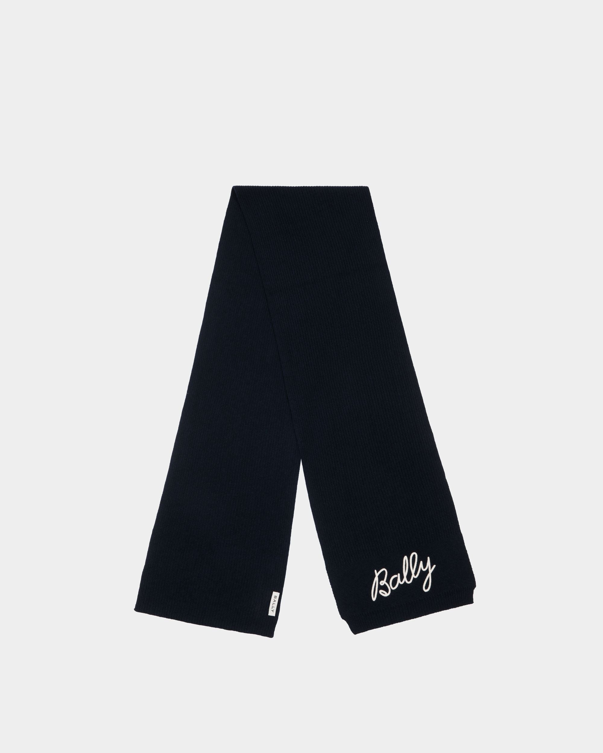 Scarf With Logo In Navy Blue Wool - Women's - Bally - 01