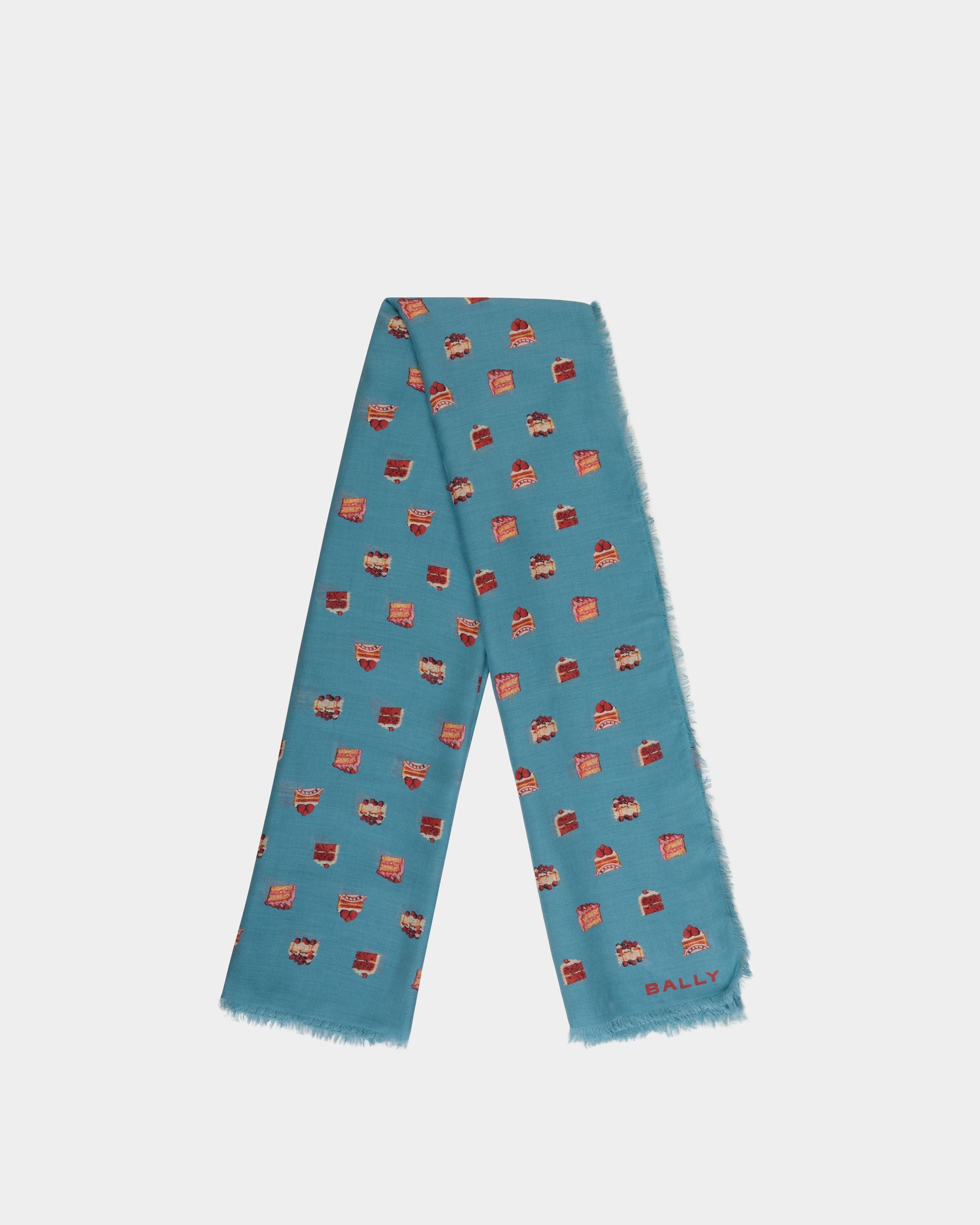Scarf With a Bally Cake Print in Medium Blue Modal And Cashmere - Women's - Bally - 01