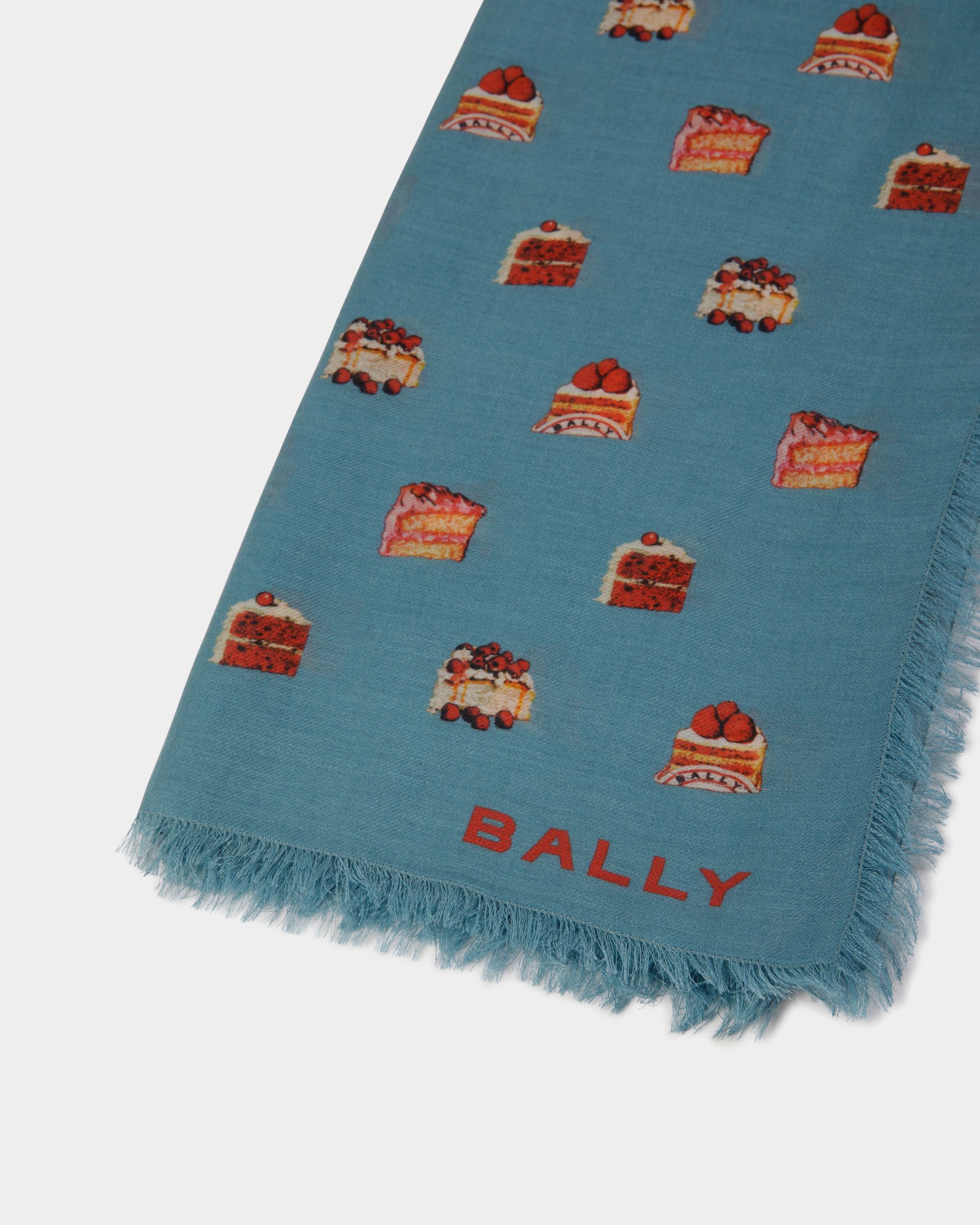 Scarf With a Bally Cake Print in Medium Blue Modal And Cashmere - Women's - Bally - 02