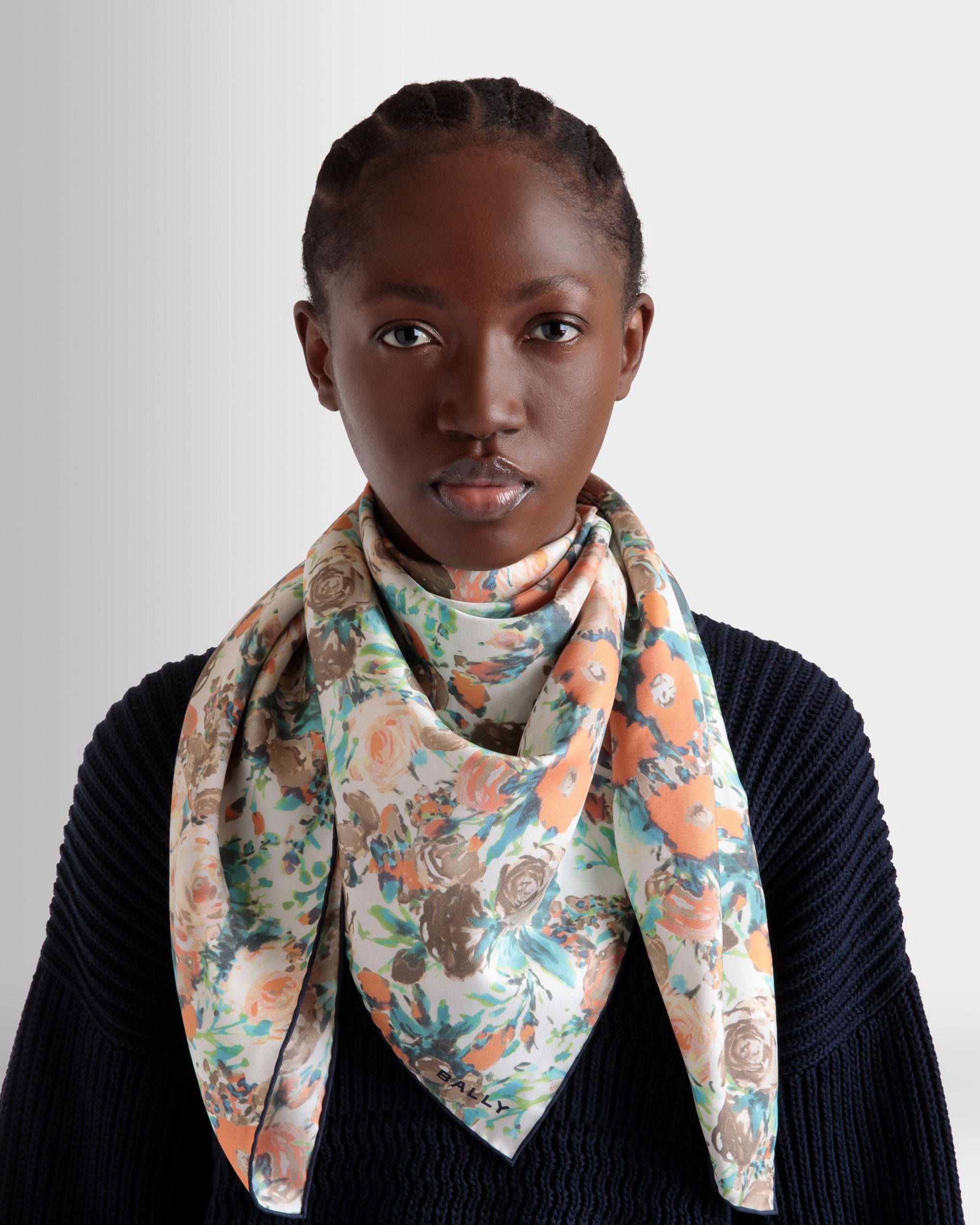 Silk Scarf with a Multicolor Rosengarten Print - Women's - Bally - 02