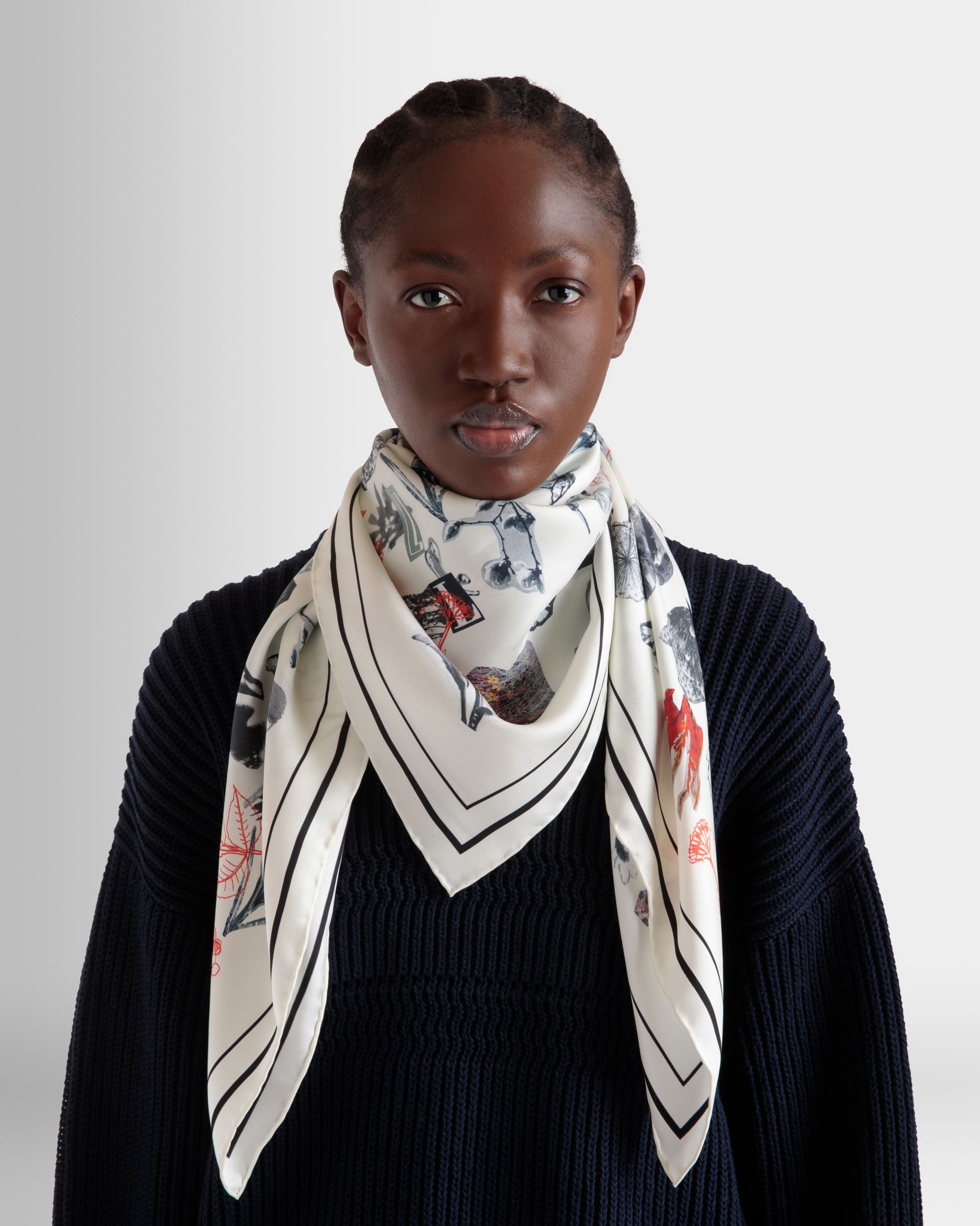 Silk Scarf with a Bally Collage Print in Ivory - Women's - Bally - 02
