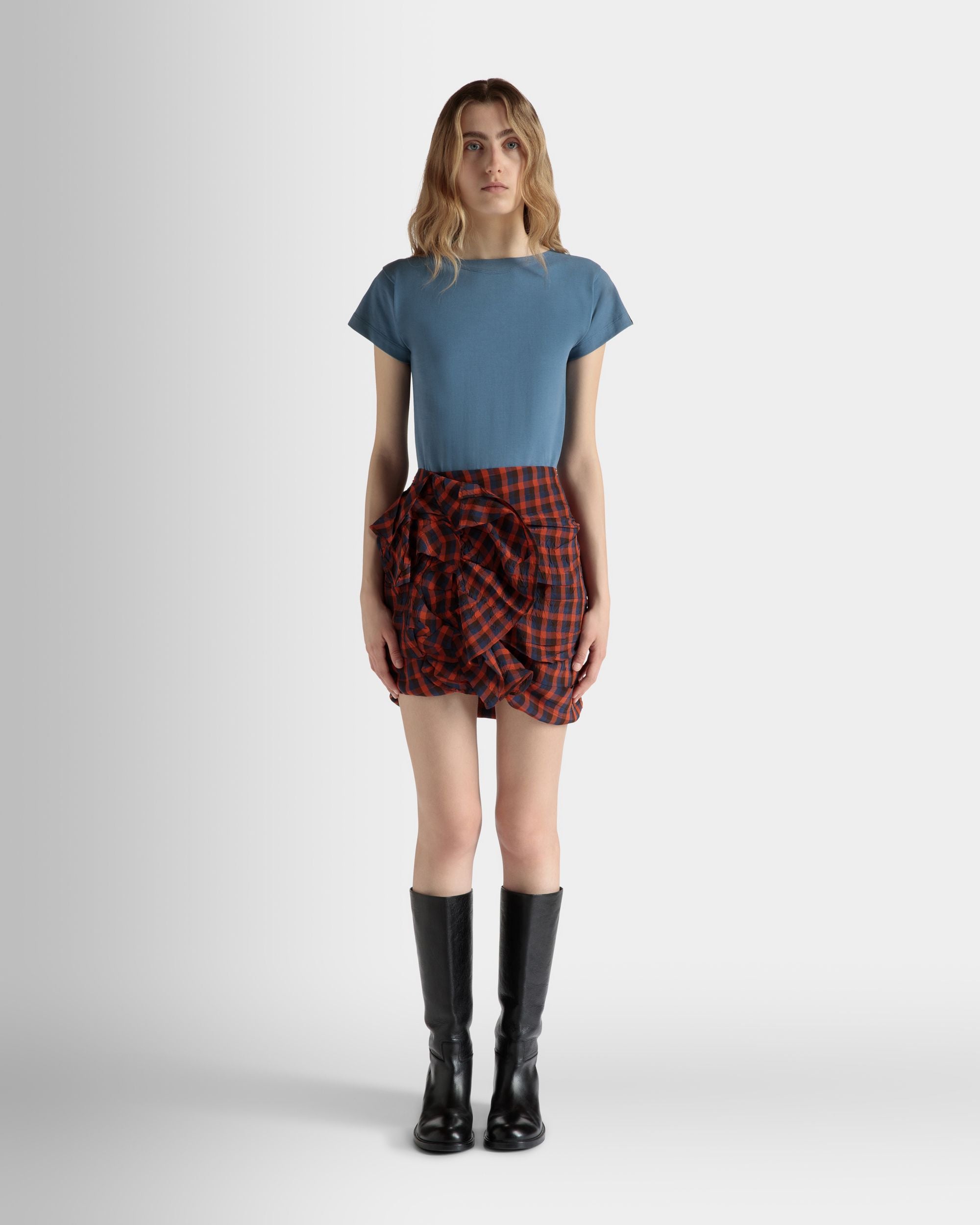 Printed Rouches Mini Skirt in Vichy Print Fluid Poplin - Women's - Bally - 02