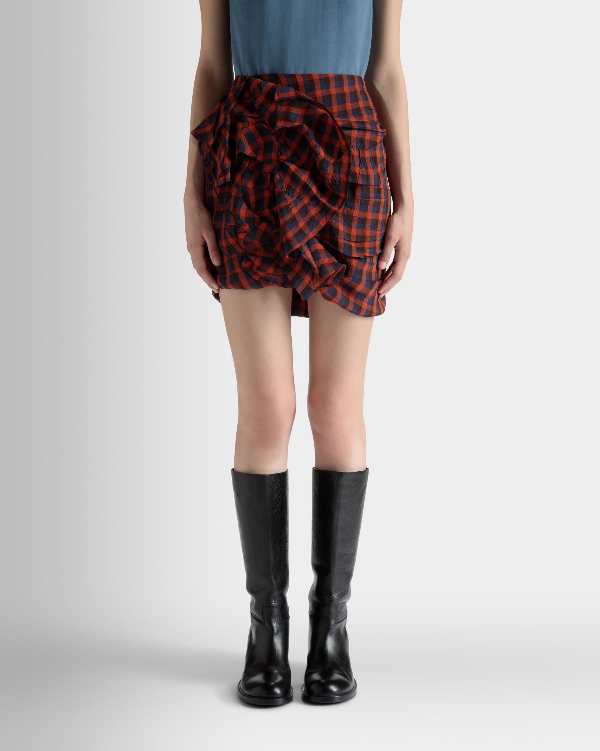 Printed Rouches Mini Skirt in Vichy Print Fluid Poplin - Women's - Bally - 03