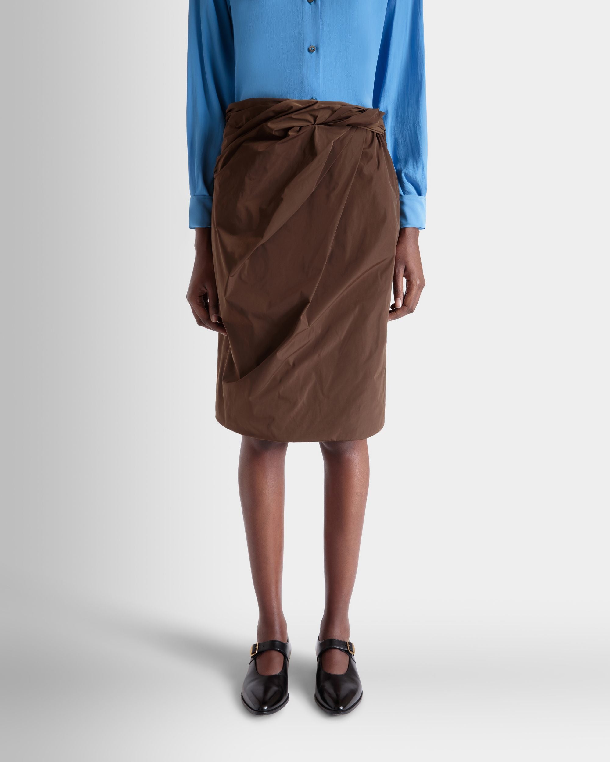 Draped Midi Skirt in Brown Technical Duchesse - Women's - Bally - 08
