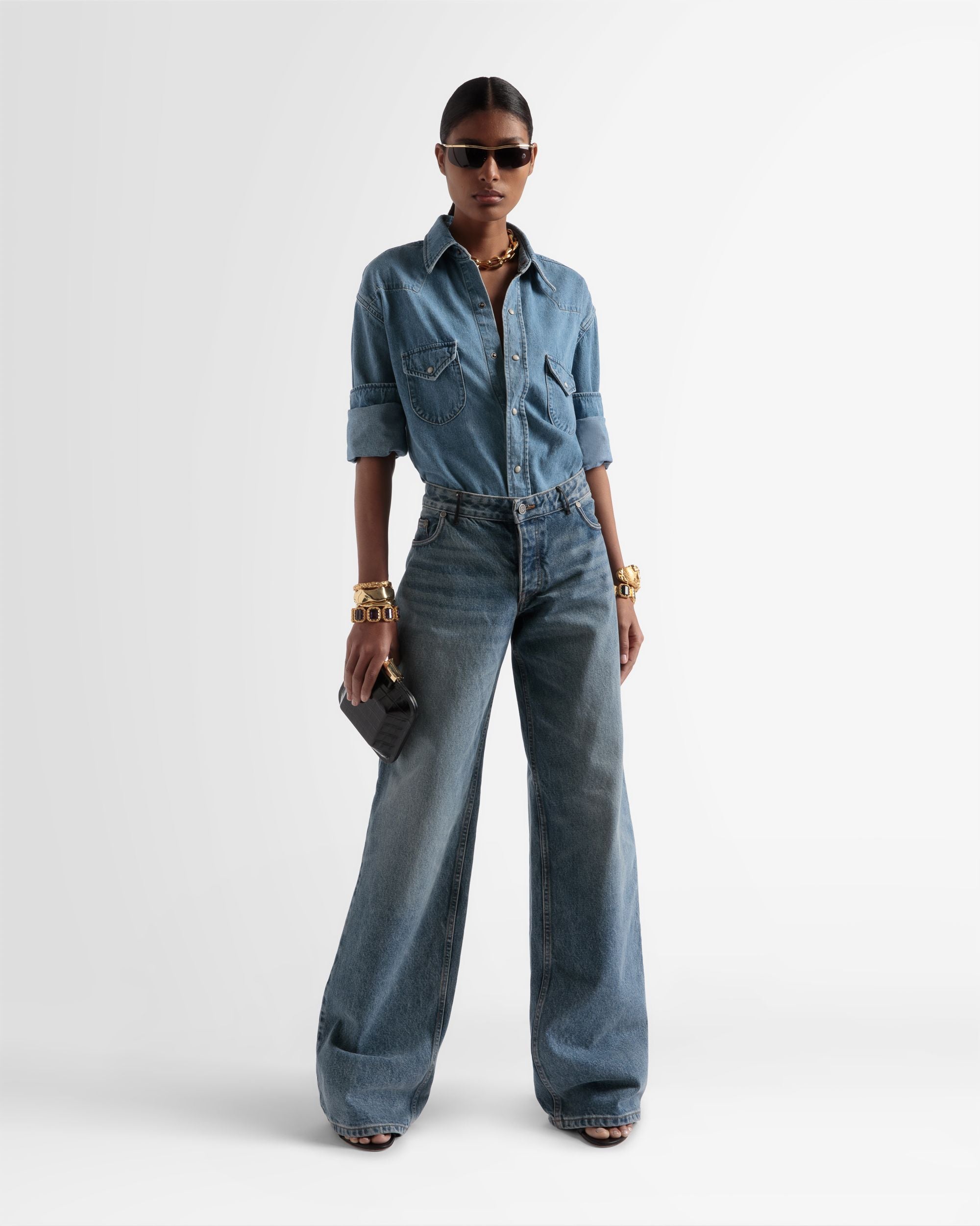 Wide Denim Pants In Indigo - Women's - Bally - 01