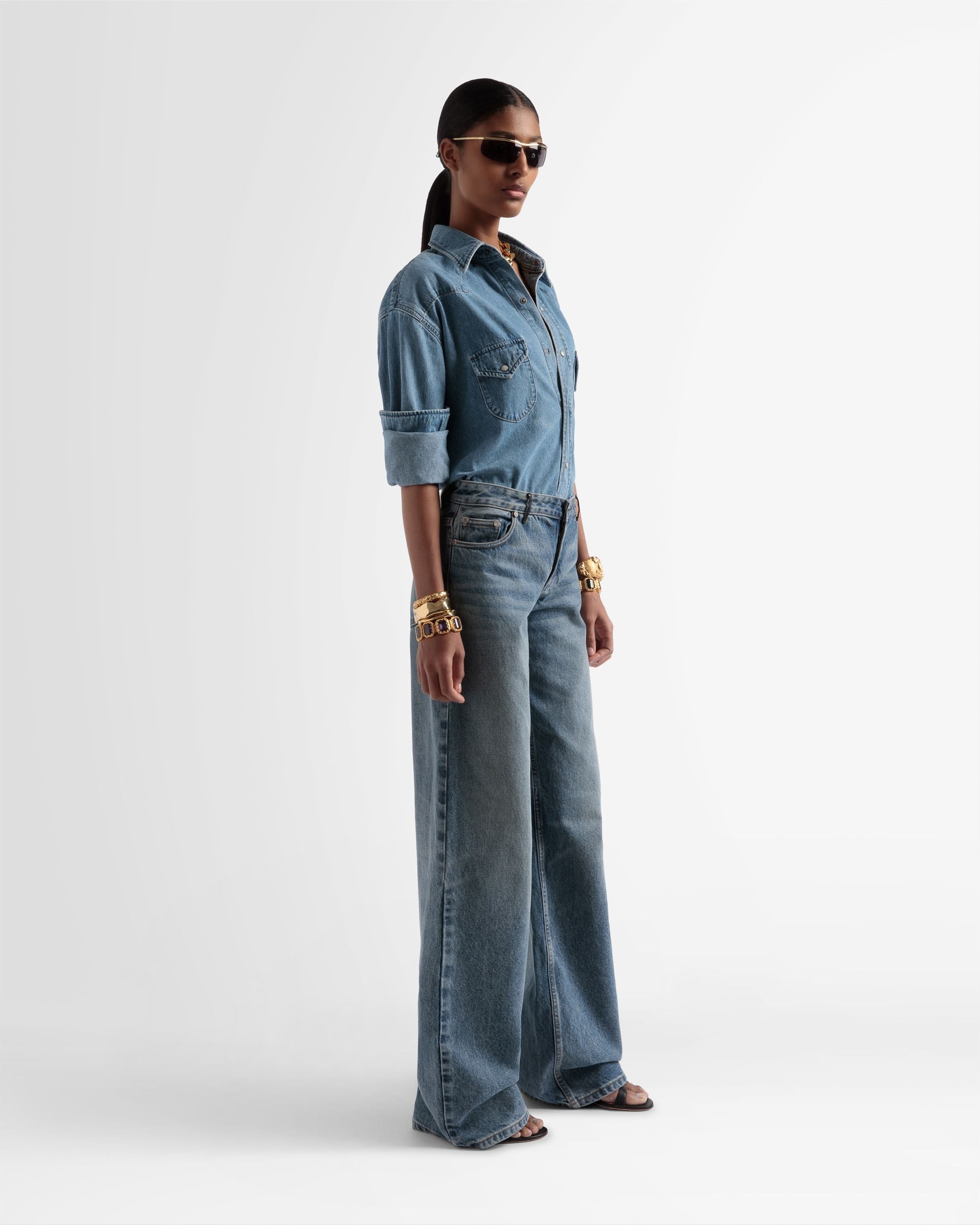 Wide Denim Pants In Indigo - Women's - Bally - 04