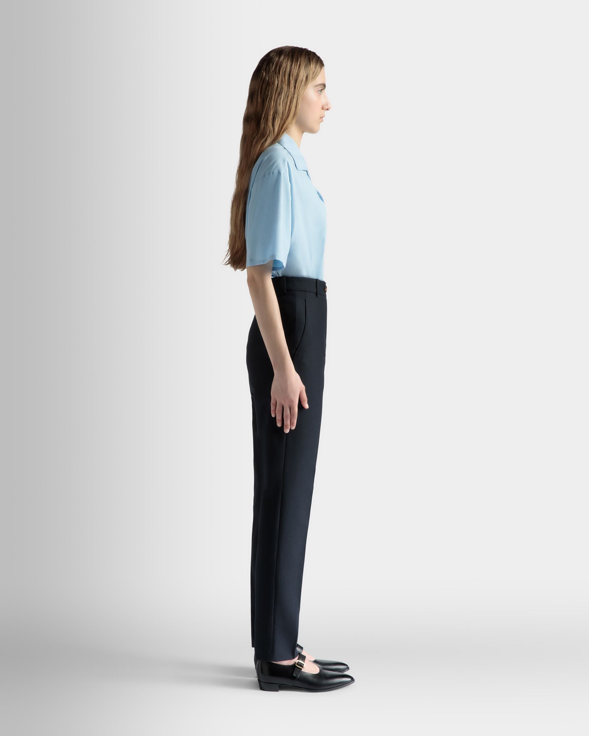 Straight Fit Pants in Navy Blue Wool Blend - Women's - Bally - 05