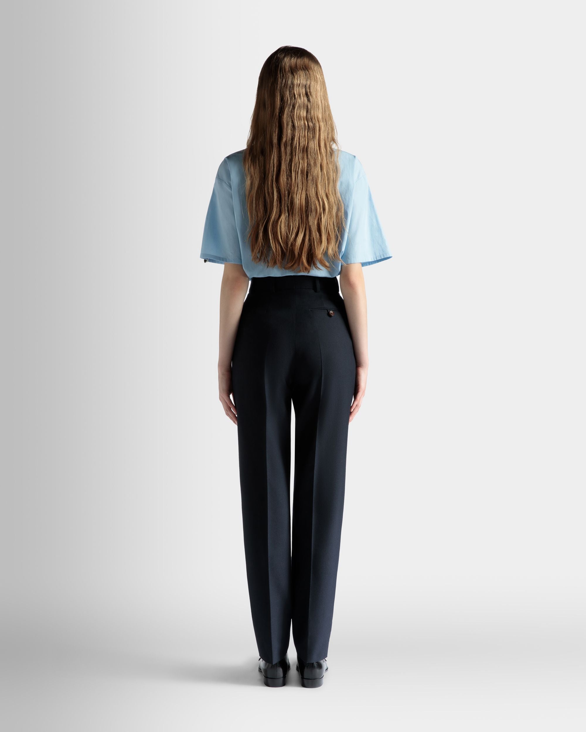 Straight Fit Pants in Navy Blue Wool Blend - Women's - Bally - 06